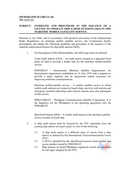 Guideline and Procedure in the Issuance of a License to Operate Ship Earth Stations (Ses) in the Maritime Mobile-Satellite Service