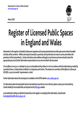 Register of Licensed Public Spaces in England and Wales