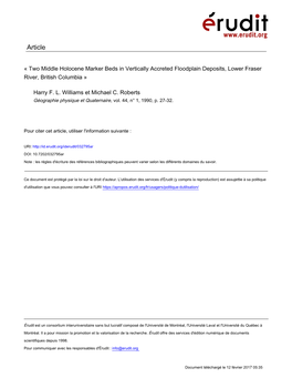 Two Middle Holocene Marker Beds in Vertically Accreted Floodplain Deposits, Lower Fraser River, British Columbia »