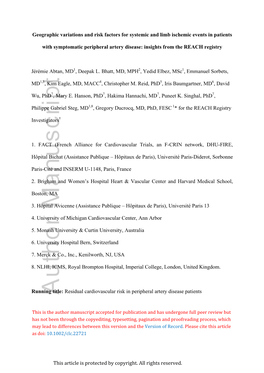 Geographic Variations and Risk Factors for Systemic and Limb Ischemic Events in Patients with Symptomatic Peripheral Artery Dise