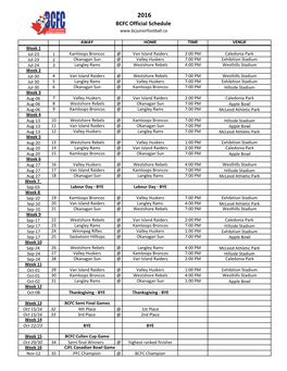 2016 BCFC Official Schedule