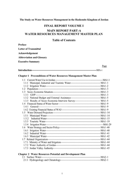 FINAL REPORT VOLUME I MAIN REPORT PART-A WATER RESOURCES MANAGEMENT MASTER PLAN Table of Contents