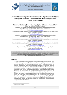 Bacterial Community Structure in Anaerobic Digesters of a Full Scale Municipal Wastewater Treatment Plant ‒ Case Study of Dubai, United Arab Emirates