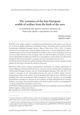 The Resistance of the Four European Worlds of Welfare from the Birth of the Euro a Resistência Dos Quatro Mundos Europeus Do Bem-Estar Desde O Nascimento Do Euro