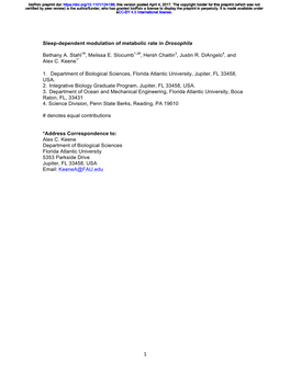 Sleep-Dependent Modulation of Metabolic Rate in Drosophila Bethany A. Stahl1#, Melissa E. Slocumb1,2#, Hersh Chaitin3, Justin R