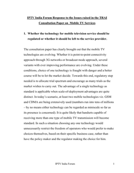 IPTV India Forum Response to the Issues Raised in the TRAI Consultation Paper on Mobile TV Services