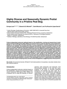 Highly Diverse and Seasonally Dynamic Protist Community in a Pristine Peat Bog