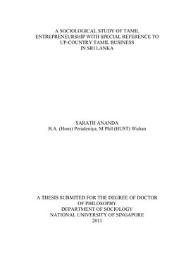 A Sociological Study of Tamil Entrepreneurship with Special Reference to Up-Country Tamil Business in Sri Lanka