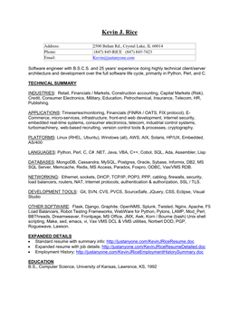Resume of Kevin J. Rice, 2500 Behan, Crystal Lake IL 60014