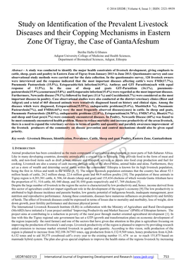 Study on Identification of the Prevalent Livestock Diseases and Their Copping Mechanisms in Eastern Zone of Tigray, the Case of Gantaafeshum