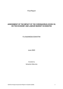 Final Report ASSESSMENT of the IMPACT of the CORONAVIRUS (COVID-19) on the ECONOMY and LABOUR MARKET in ESWATINI for BUSINESS ES