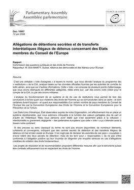 Allégations De Détentions Secrètes Et De Transferts Interétatiques Illégaux De Détenus Concernant Des Etats Membres Du Conseil De L’Europe