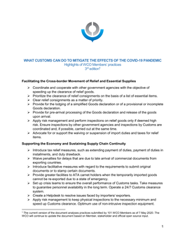 WHAT CUSTOMS CAN DO to MITIGATE the EFFECTS of the COVID-19 PANDEMIC Highlights of WCO Members’ Practices 3Rd Edition1