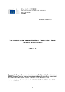 List of Demarcated Areas Established in the Union Territory for the Presence of Xylella Fastidiosa