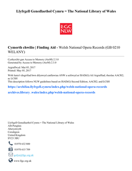 Finding Aid - Welsh National Opera Records (GB 0210 WELANY)
