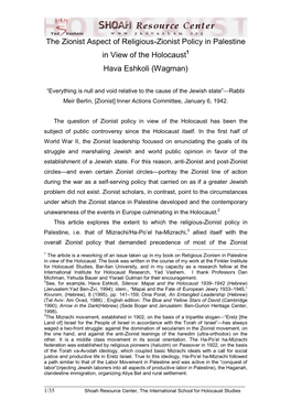 The Zionist Aspect of Religious-Zionist Policy in Palestine in View of the Holocaust1 Hava Eshkoli (Wagman)
