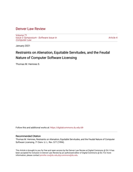 Restraints on Alienation, Equitable Servitudes, and the Feudal Nature of Computer Software Licensing