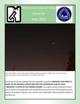 Astronomy Club of Tulsa Observer May 2014