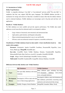 Unit III: SQL Using R 3.1