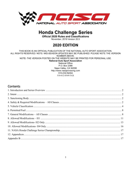 Honda Challenge Series Official 2020 Rules and Classifications November, 2019 Version 20.5