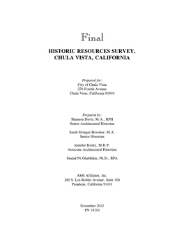 Historic Resources Survey, Chula Vista, California