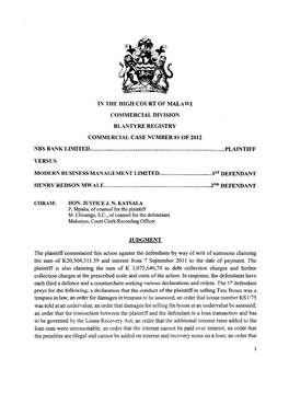 In the High Court of Malawi Commercial Division Blantyre Registry Commercial Case Number 81 of 2012