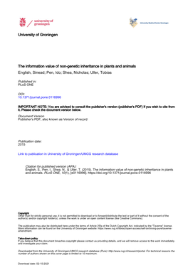 The Information Value of Non-Genetic Inheritance in Plants and Animals English, Sinead; Pen, Ido; Shea, Nicholas; Uller, Tobias