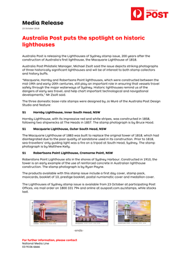 Media Release Australia Post Puts the Spotlight on Historic Lighthouses