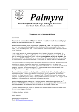 Newsletter of the Hartley College Past Pupils Association New South Wales Branch, Australia November 2005- Summer Edition