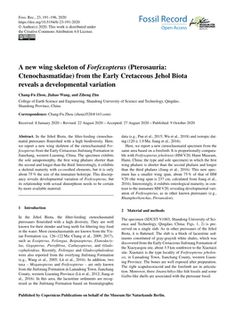 A New Wing Skeleton of Forfexopterus (Pterosauria: Ctenochasmatidae) from the Early Cretaceous Jehol Biota Reveals a Developmental Variation