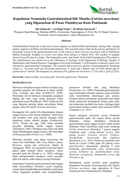 Kepadatan Nematoda Gastrointestinal Itik Manila (Cairina Moschata) Yang Dipasarkan Di Pasar Flamboyan Kota Pontianak