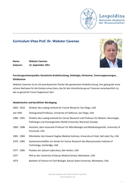 Curriculum Vitae Prof. Dr. Webster Cavenee