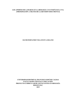Los Aportes De Lamarck En La Biología Y Su Enseñanza: Una Aproximación a Través De La Revisión Documental David Fernando Vi