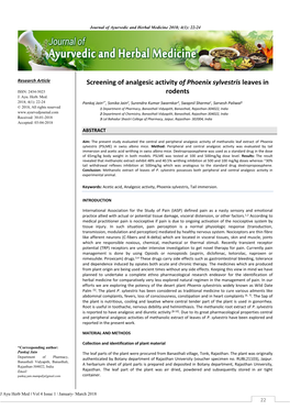 Screening of Analgesic Activity of Phoenix Sylvestris Leaves in Rodents