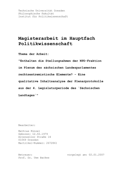 Magisterarbeit Im Hauptfach Politikwissenschaft