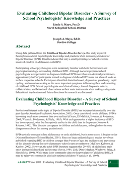 Evaluating Childhood Bipolar Disorder - a Survey of School Psychologists’ Knowledge and Practices Linda A