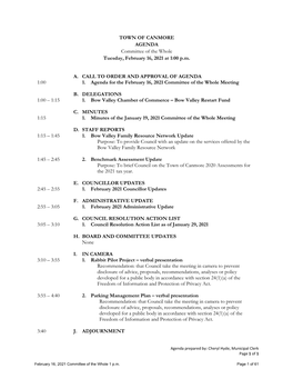 TOWN of CANMORE AGENDA Committee of the Whole Tuesday, February 16, 2021 at 1:00 P.M