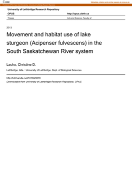 Movement and Habitat Use of Lake Sturgeon (Acipenser Fulvescens) in the South Saskatchewan River System