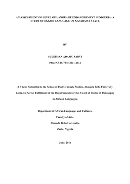 An Assessment of Level of Language Endangerment in Nigeria: a Study of Eggon Language of Nasarawa State