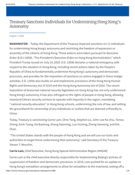 Treasury Sanctions Individuals for Undermining Hong Kong's