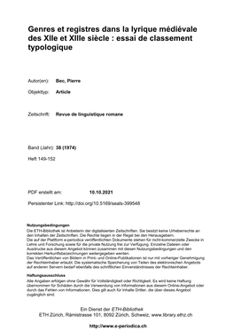 Genres Et Registres Dans La Lyrique Médiévale Des Xiie Et Xiiie Siècle : Essai De Classement Typologique