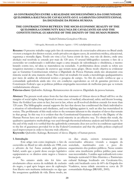 As Contradições Entre a Realidade Socioeconômica Da Comunidade Quilombola Kalunga De Cavalcante-Go E a Garantia Constitucional Da Dignidade Da Pessoa Humana