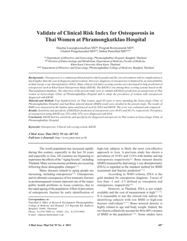Validate of Clinical Risk Index for Osteoporosis in Thai Women at Phramongkutklao Hospital