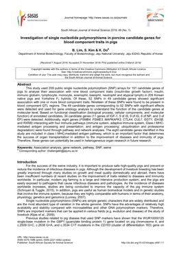 Investigation of Single Nucleotide Polymorphisms in Porcine Candidate Genes for Blood Component Traits in Pigs