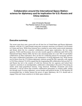 Collaboration Around the International Space Station: Science for Diplomacy and Its Implication for U.S.-Russia and China Relations