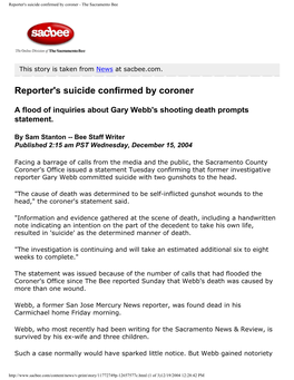 Reporter's Suicide Confirmed by Coroner - the Sacramento Bee