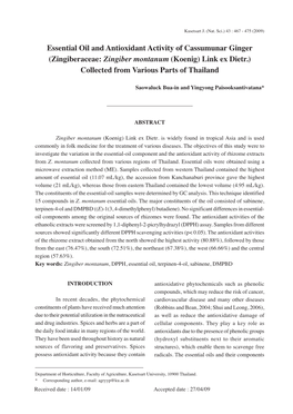 Essential Oil and Antioxidant Activity of Cassumunar Ginger (Zingiberaceae: Zingiber Montanum (Koenig) Link Ex Dietr.) Collected from Various Parts of Thailand