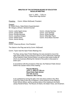 MINUTES of the PATERSON BOARD of EDUCATION REGULAR MEETING June 11, 2003