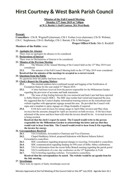 Minutes of the Full Council Meeting. Monday 17Th June 2019 at 7.00Pm at W.S