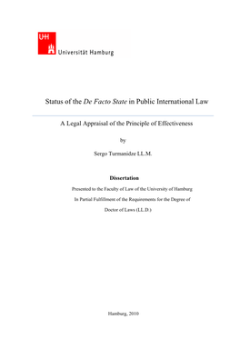 Status of the De Facto State in Public International Law